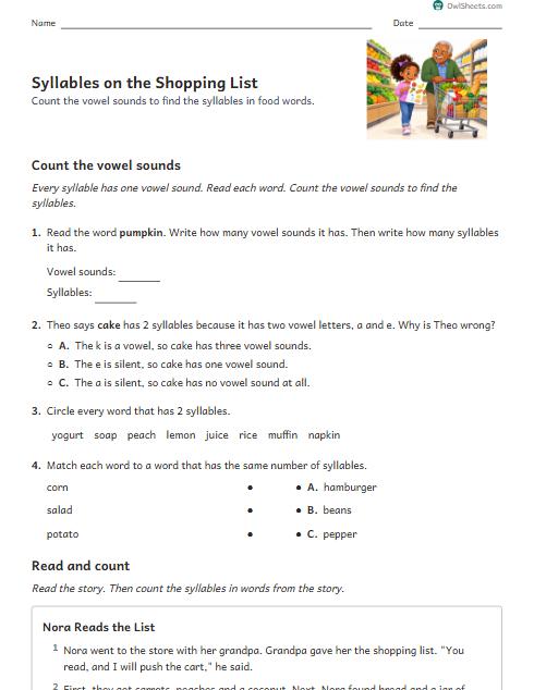 Syllables on the Shopping List worksheet preview