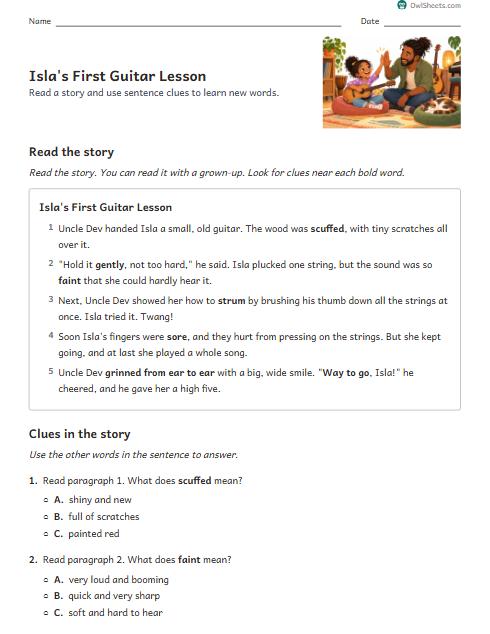 Isla's First Guitar Lesson worksheet preview