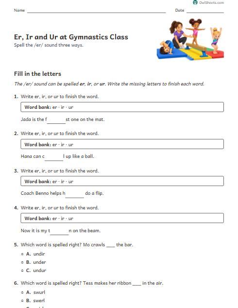 Er, Ir and Ur at Gymnastics Class worksheet preview