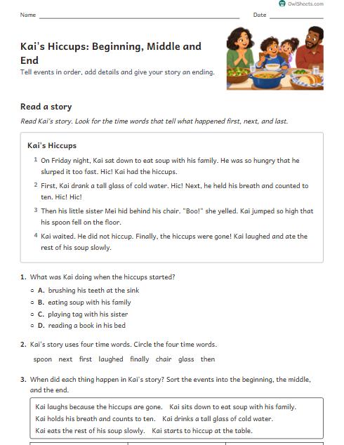 Kai's Hiccups: Beginning, Middle and End worksheet preview