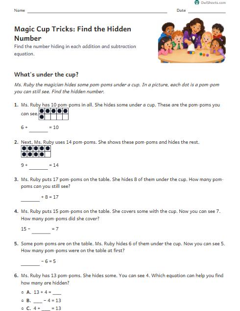 Magic Cup Tricks: Find the Hidden Number worksheet preview