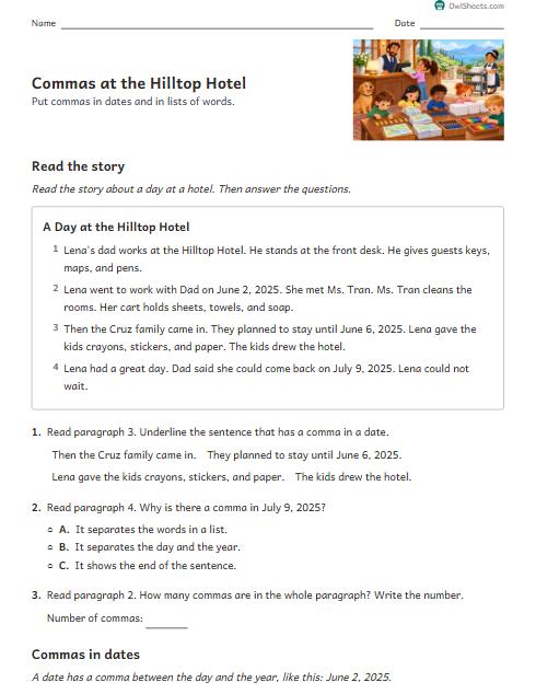 Commas at the Hilltop Hotel worksheet preview