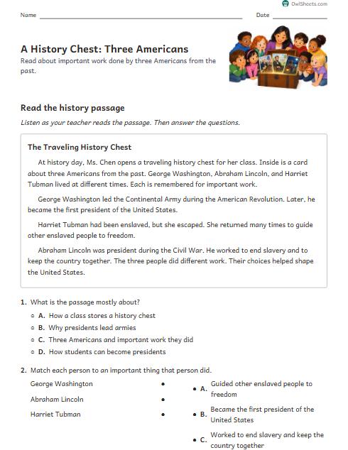 A History Chest: Three Americans worksheet preview