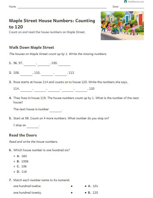 Maple Street House Numbers: Counting to 120 worksheet preview