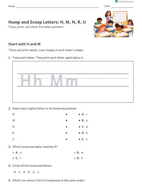 Hump and Scoop Letters: H, M, N, R, U worksheet preview