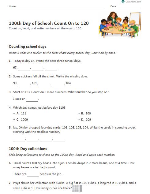 100th Day of School: Count On to 120 worksheet preview