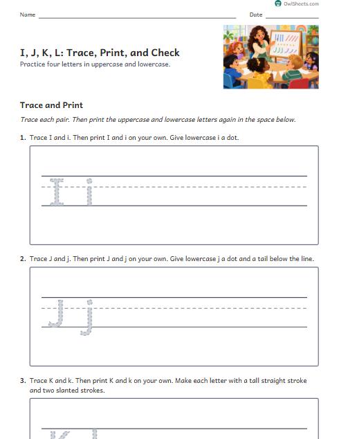 I, J, K, L: Trace, Print, and Check worksheet preview