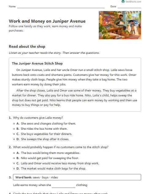 Work and Money on Juniper Avenue worksheet preview