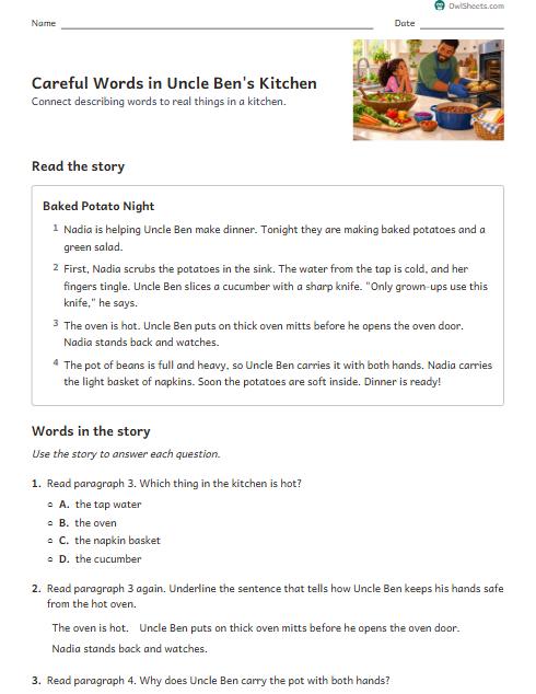 Careful Words in Uncle Ben's Kitchen worksheet preview