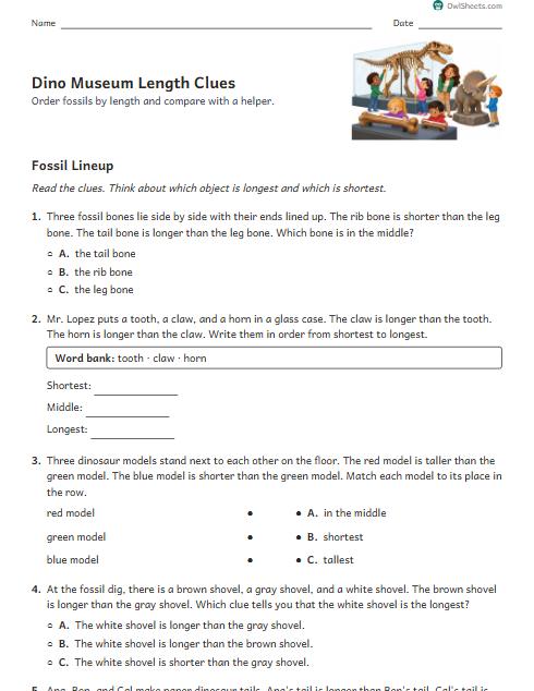 Dino Museum Length Clues worksheet preview