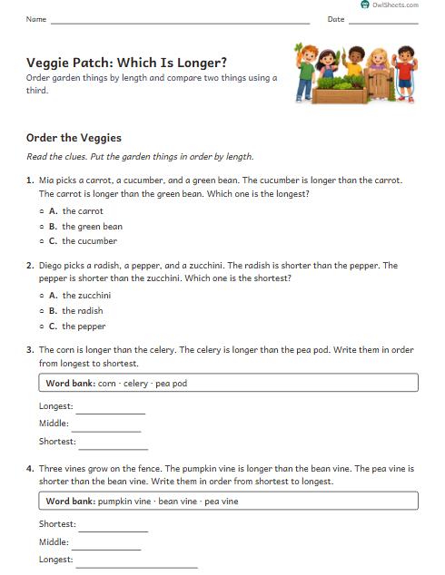 Veggie Patch: Which Is Longer? worksheet preview
