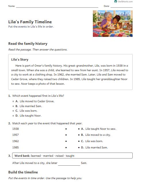 Lila's Family Timeline worksheet preview