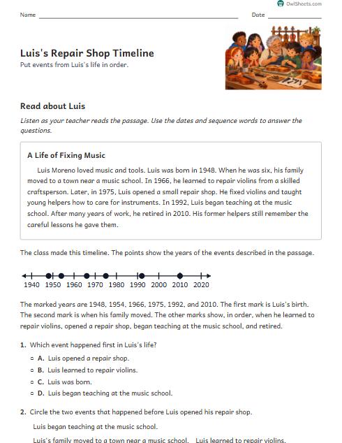 Luis's Repair Shop Timeline worksheet preview