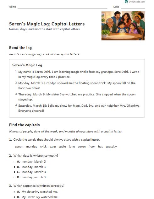 Soren's Magic Log: Capital Letters worksheet preview