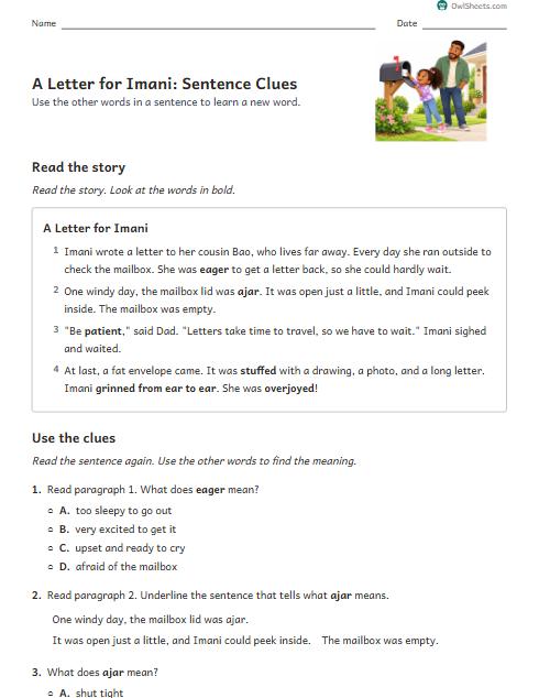 A Letter for Imani: Sentence Clues worksheet preview