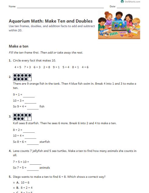 Aquarium Math: Make Ten and Doubles worksheet preview