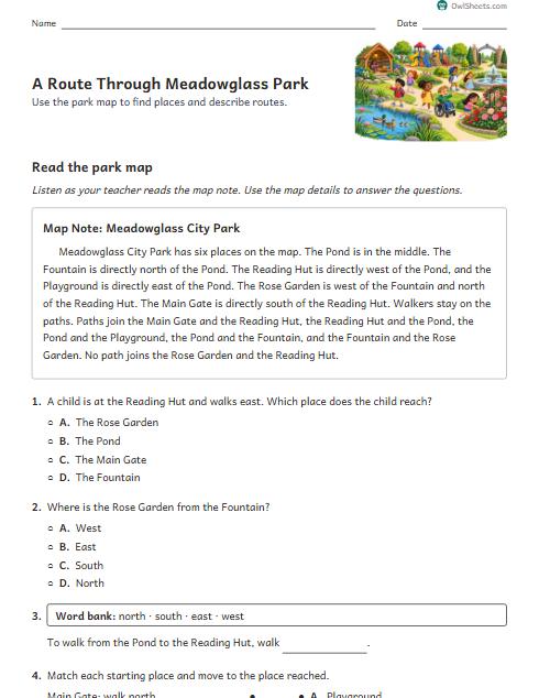 A Route Through Meadowglass Park worksheet preview