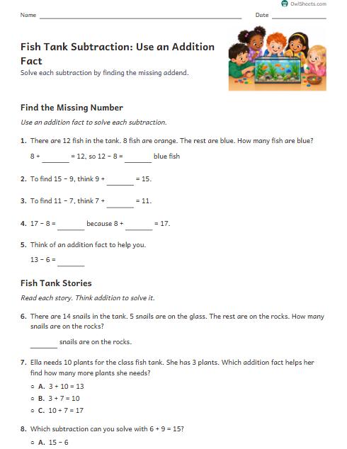 Fish Tank Subtraction: Use an Addition Fact worksheet preview