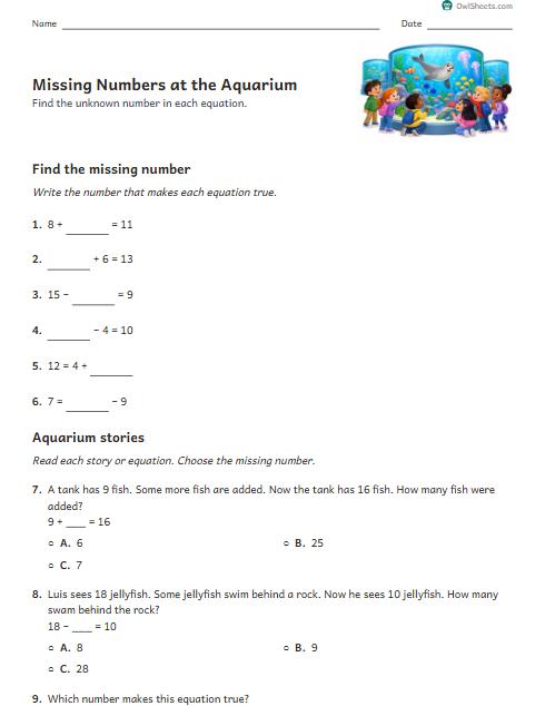 Missing Numbers at the Aquarium worksheet preview