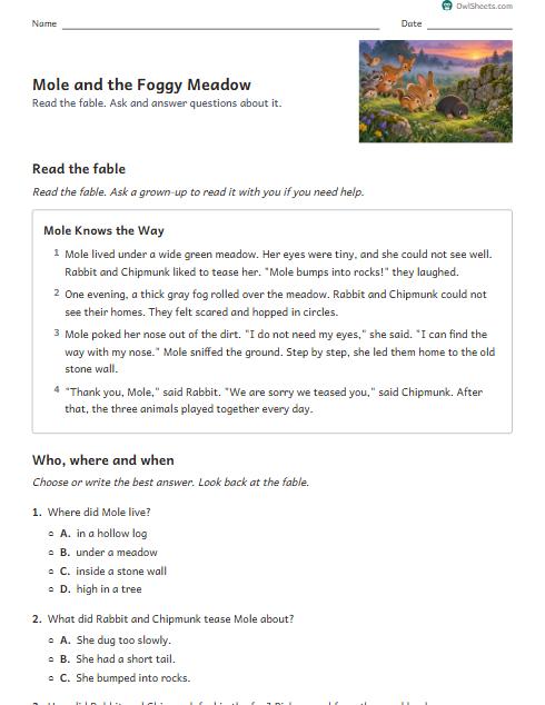 Mole and the Foggy Meadow worksheet preview