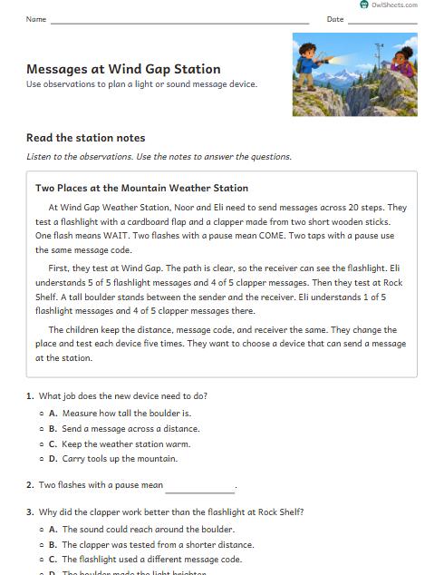 Messages at Wind Gap Station worksheet preview