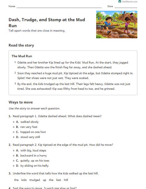 Dash, Trudge, and Stomp at the Mud Run worksheet preview