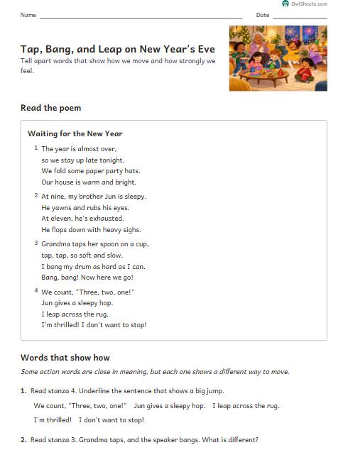 Tap, Bang, and Leap on New Year's Eve worksheet preview