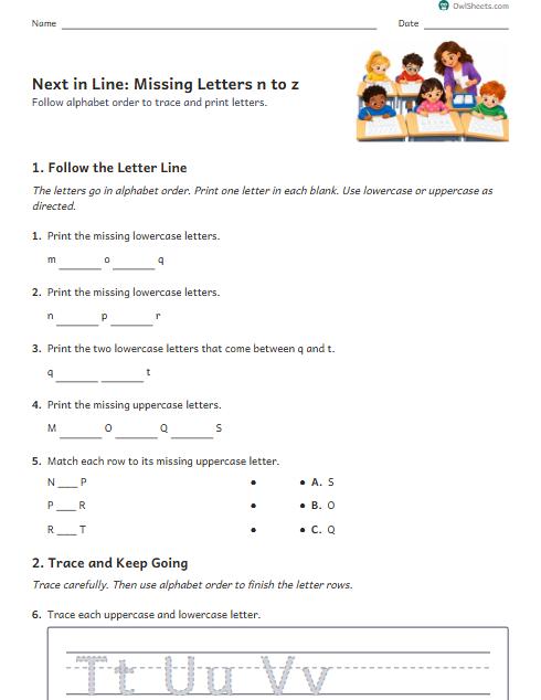 Next in Line: Missing Letters n to z worksheet preview