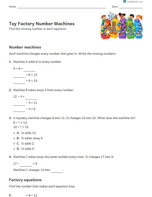 Toy Factory Number Machines worksheet preview