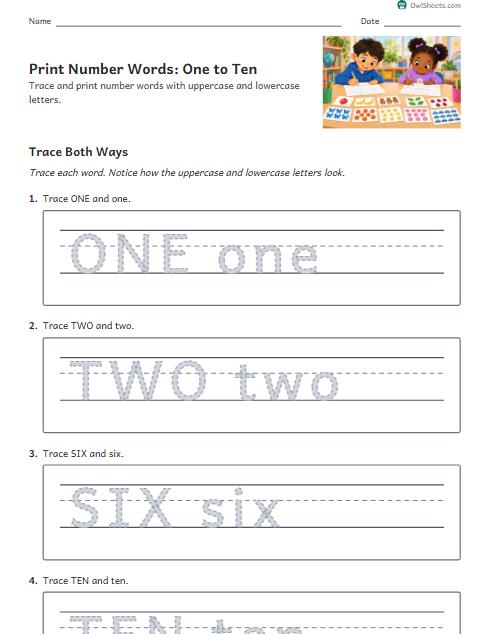 Print Number Words: One to Ten worksheet preview