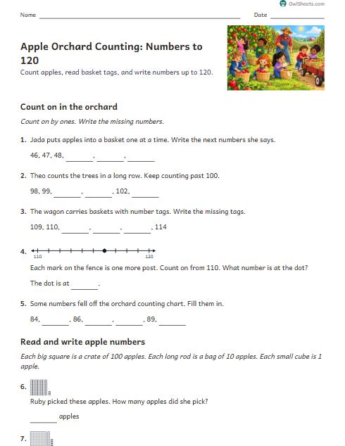 Apple Orchard Counting: Numbers to 120 worksheet preview