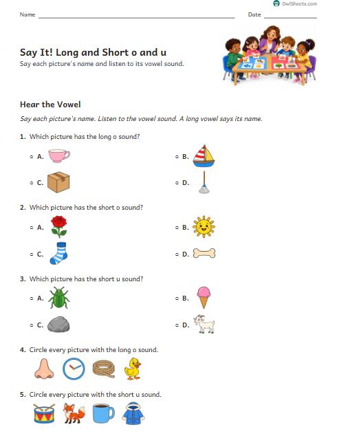 Say It! Long and Short o and u worksheet preview