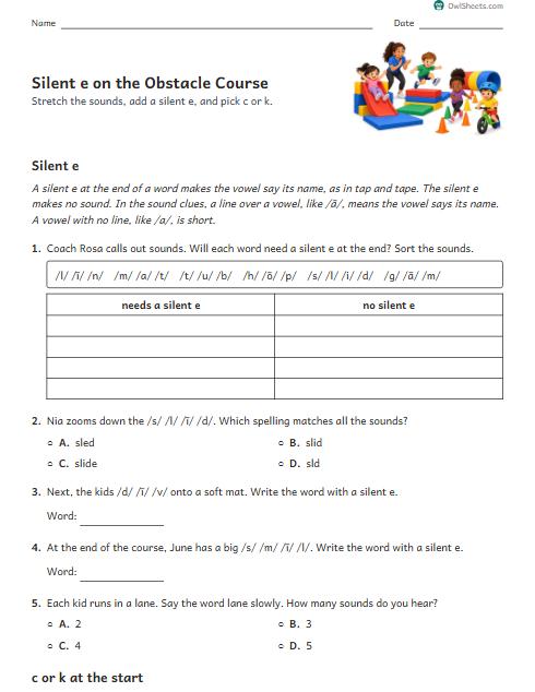 Silent e on the Obstacle Course worksheet preview