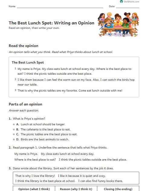 The Best Lunch Spot: Writing an Opinion worksheet preview