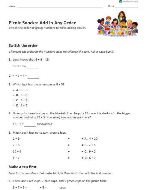Picnic Snacks: Add in Any Order worksheet preview