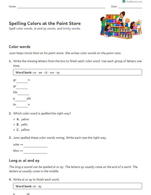 Spelling Colors at the Paint Store worksheet preview