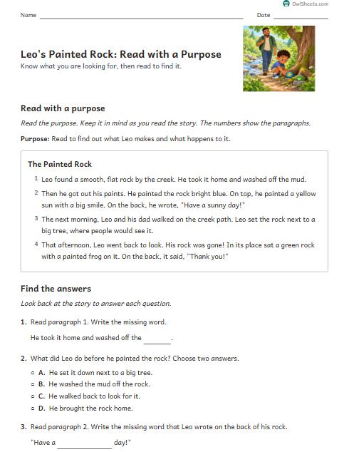Leo's Painted Rock: Read with a Purpose worksheet preview