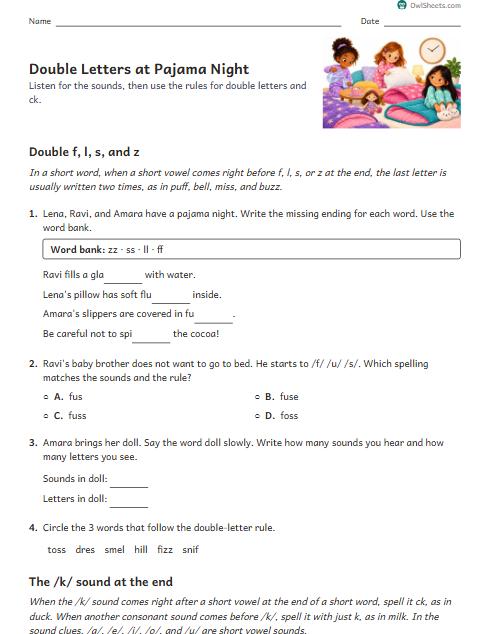 Double Letters at Pajama Night worksheet preview