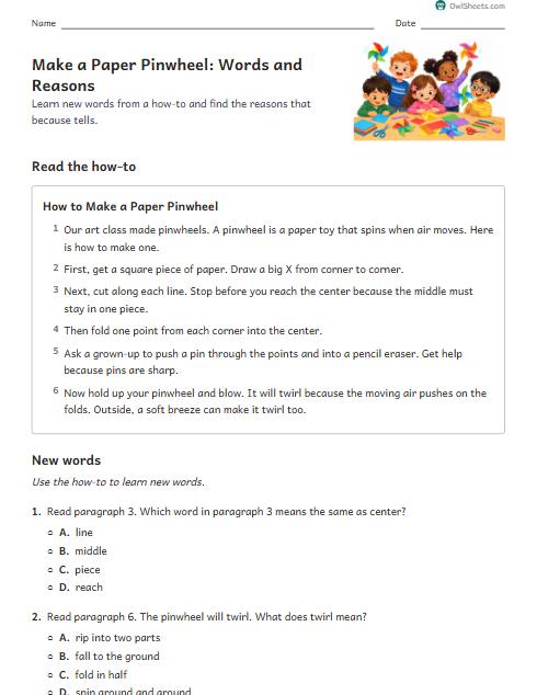 Make a Paper Pinwheel: Words and Reasons worksheet preview