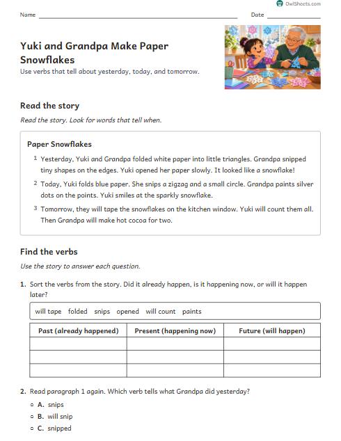 Yuki and Grandpa Make Paper Snowflakes worksheet preview