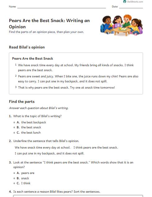 Pears Are the Best Snack: Writing an Opinion worksheet preview
