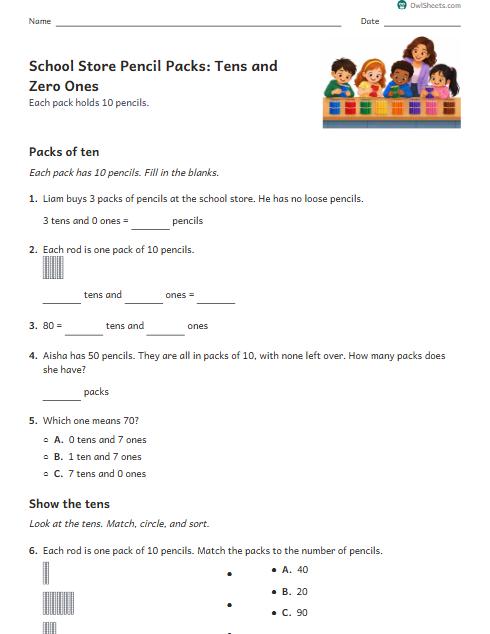 School Store Pencil Packs: Tens and Zero Ones worksheet preview