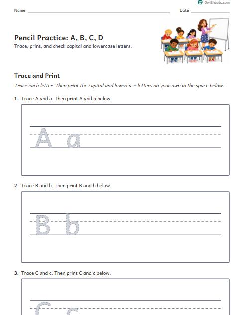 Pencil Practice: A, B, C, D worksheet preview