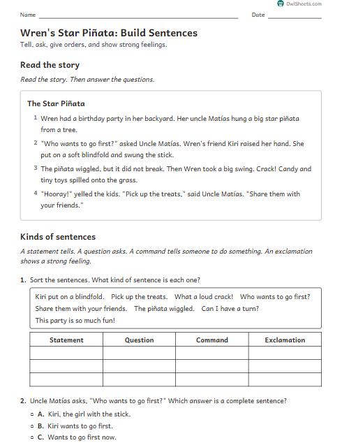 Wren's Star Piñata: Build Sentences worksheet preview