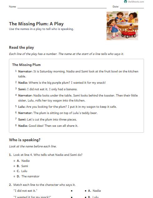 The Missing Plum: A Play worksheet preview