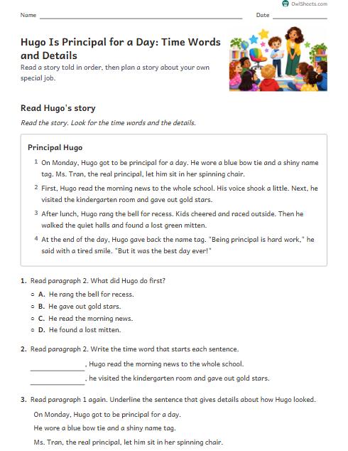 Hugo Is Principal for a Day: Time Words and Details worksheet preview