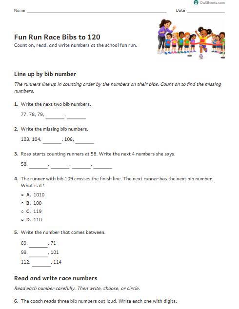 Fun Run Race Bibs to 120 worksheet preview