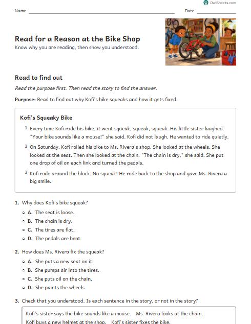 Read for a Reason at the Bike Shop worksheet preview