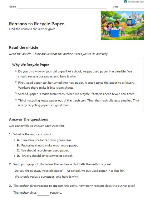 Reasons to Recycle Paper worksheet preview