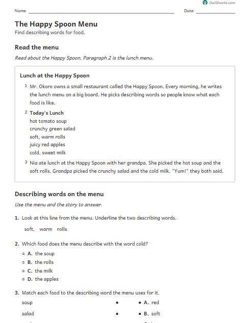 The Happy Spoon Menu worksheet preview